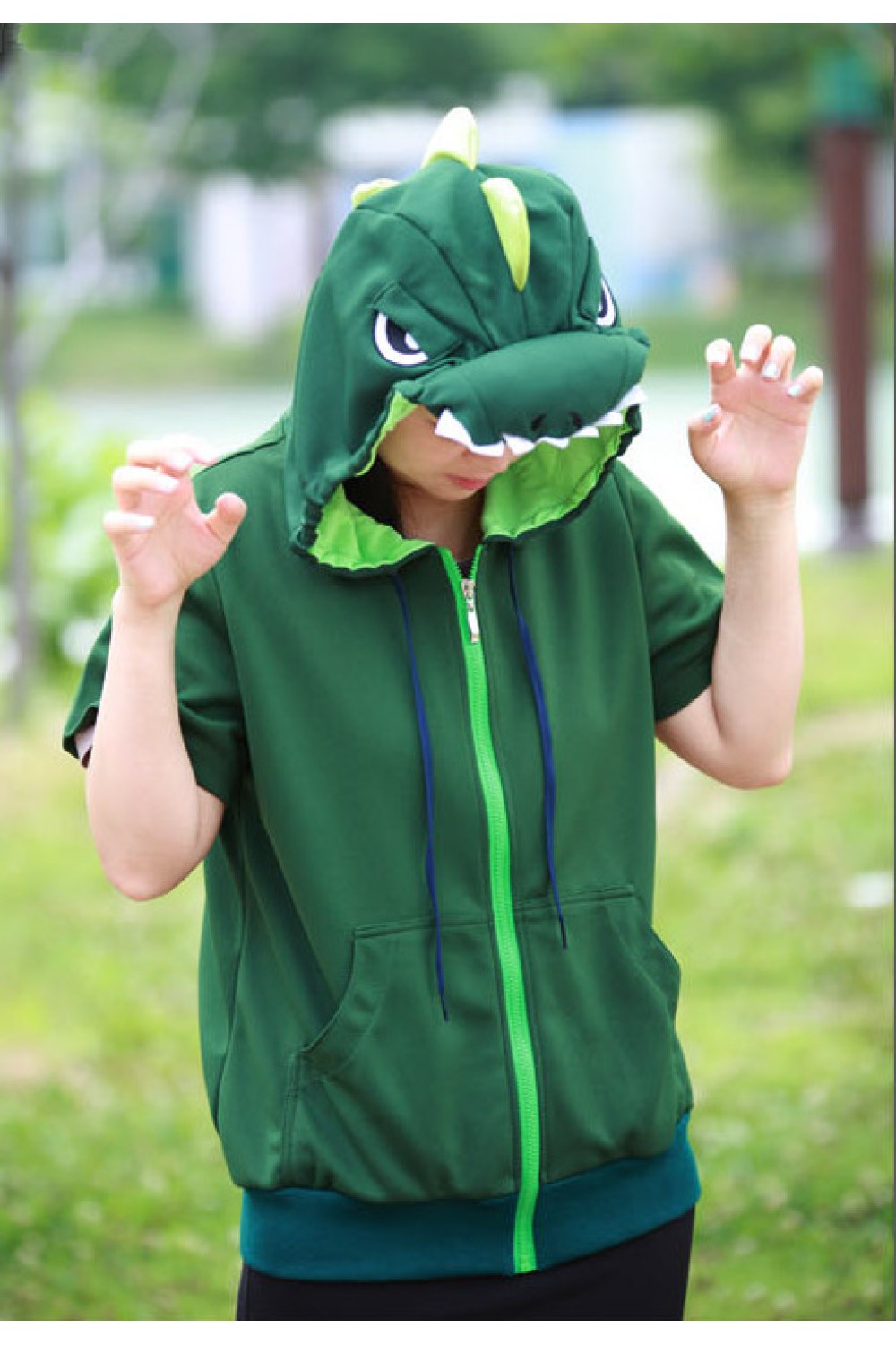 dinosaur with hood on head